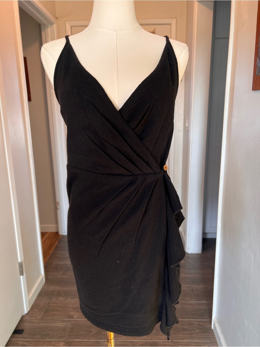 100% Cotton Free People Black Wrap Mini Dress with Side Ruffle